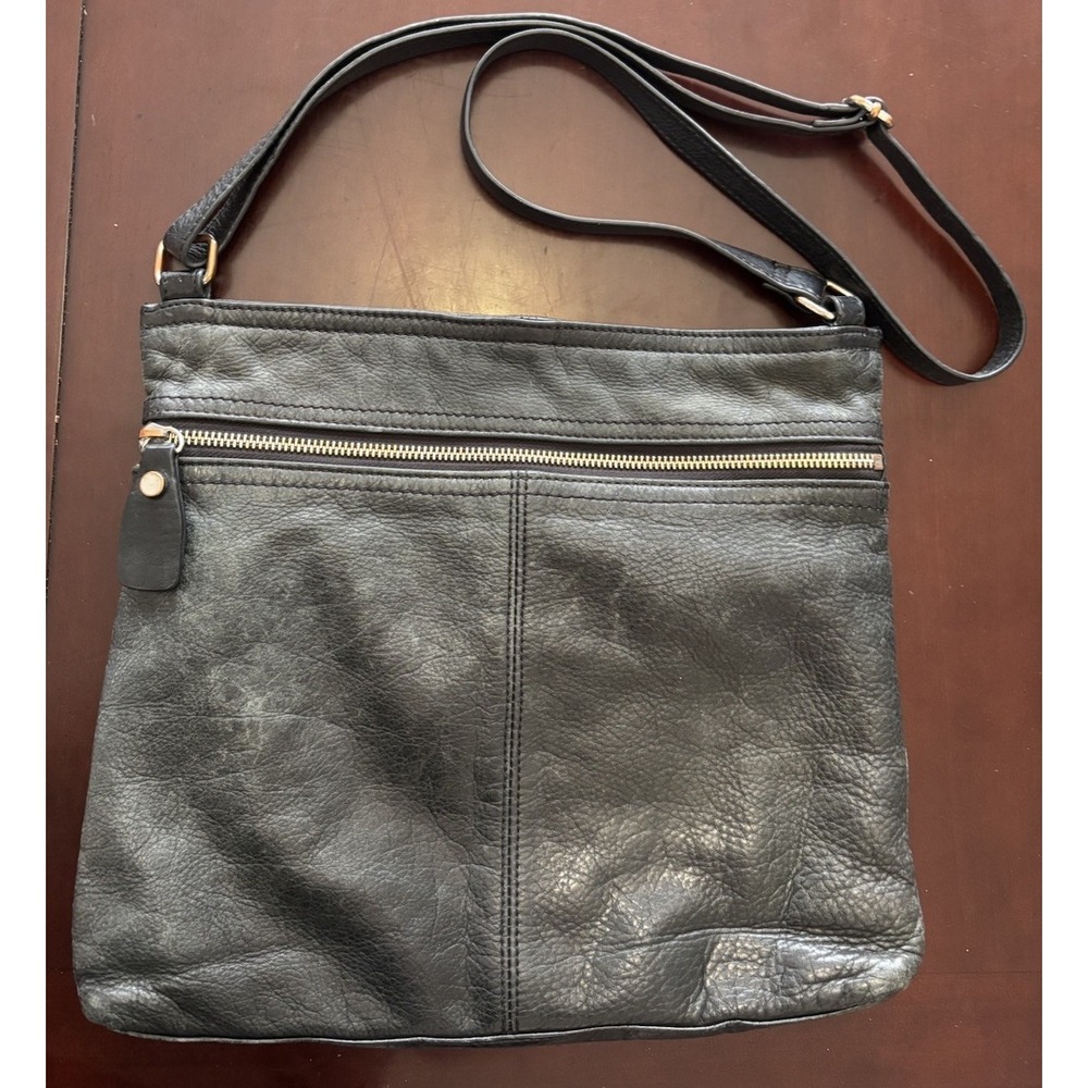 Margo Genuine Leather Black Crossbody Bag Gold Zip Adjustable Strap